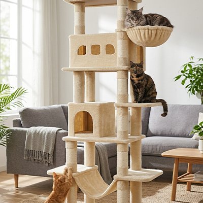Arbre à chat beige avec plateformes et espace de repos pour chat
