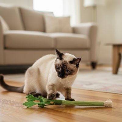 chat jouant avec un jouet interactif dans un salon