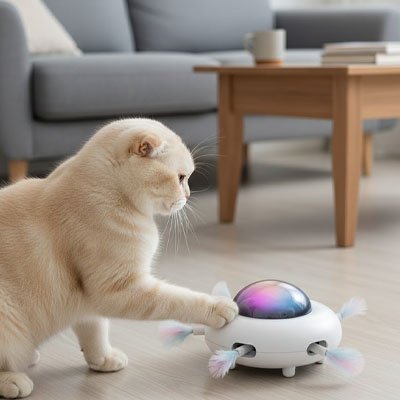 Chat crème jouant avec un jouet interactif