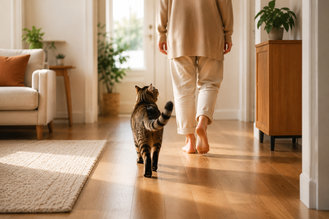 Chat qui suit son propriétaire dans une maison lumineuse pour illustrer un comportement d’attachement et de proximité