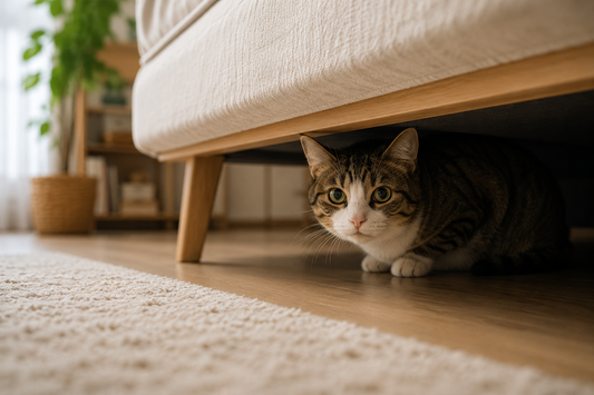 Chat caché sous un canapé pouvant se réfugier en raison du stress, de la peur ou d'un changement dans son environnement
