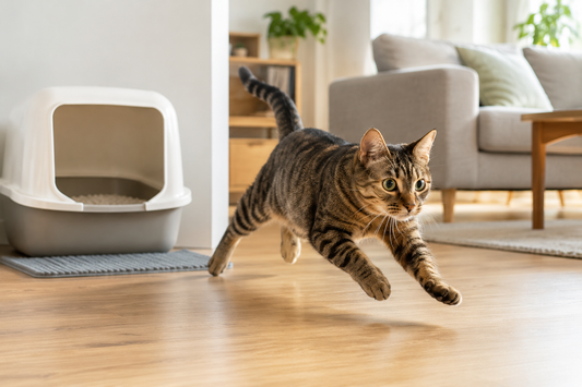 Chat courant rapidement après être sorti de sa litière dans un salon