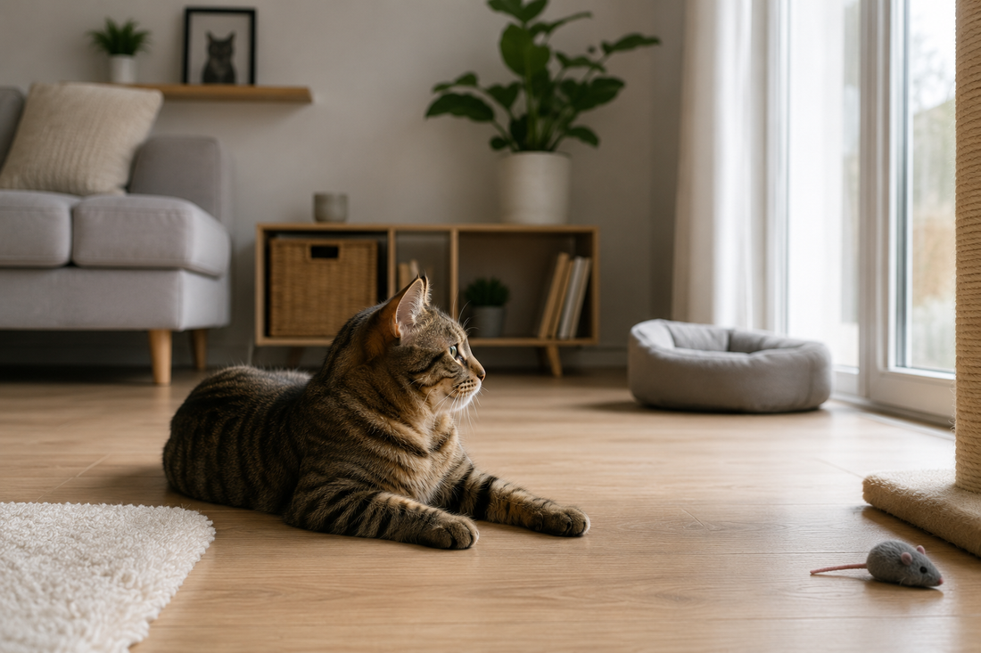 Chat d'intérieur observant la pièce sans activité, illustrant les erreurs qui peuvent favoriser l'ennui chez les chats.
