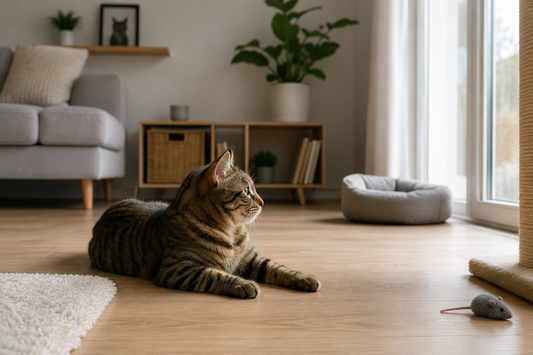 Chat d'intérieur observant la pièce sans activité, illustrant les erreurs qui peuvent favoriser l'ennui chez les chats.