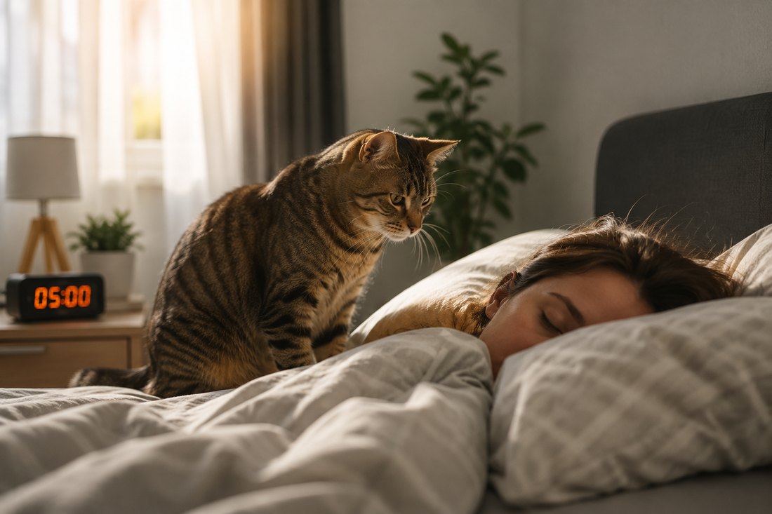 Chat observant son propriétaire endormi au petit matin, illustrant les causes fréquentes des réveils matinaux chez les chats.