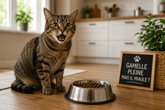 Chat miaulant devant une gamelle pleine dans une cuisine, illustrant les causes fréquentes de ce comportement chez les chats domestiques.