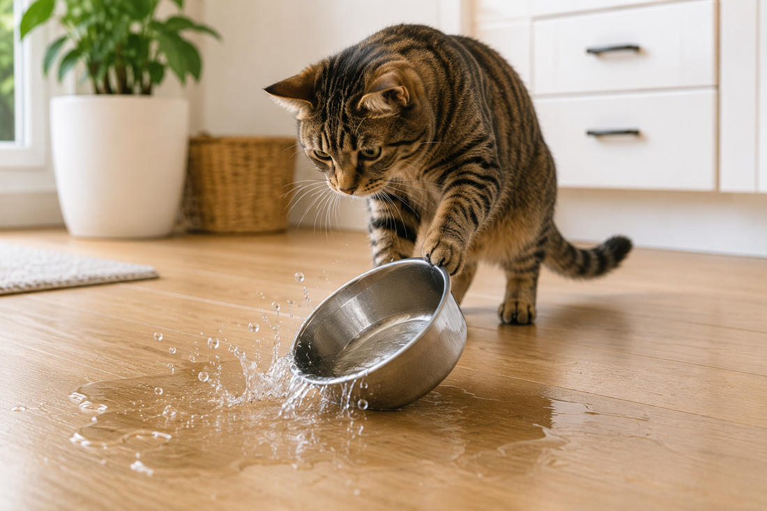 Chat faisant basculer sa gamelle d'eau et éclaboussant le sol