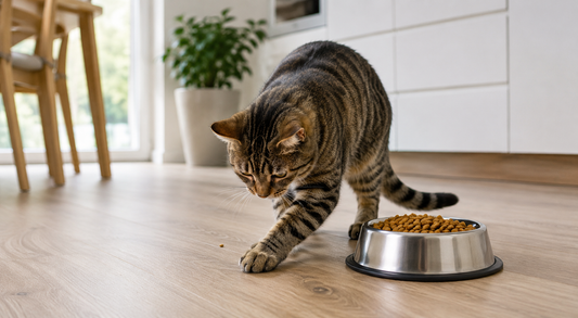 Chat domestique grattant le sol autour de sa gamelle de croquettes, illustrant un comportement instinctif hérité des ancêtres sauvages du chat.