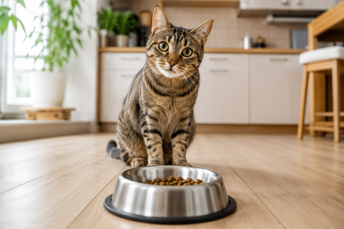 Chat domestique assis devant une gamelle de croquettes dans une cuisine lumineuse, semblant réclamer à manger.