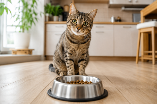 Chat domestique assis devant une gamelle de croquettes dans une cuisine lumineuse, semblant réclamer à manger.
