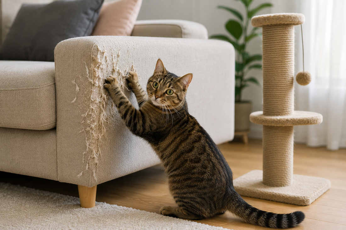Chat domestique faisant ses griffes sur un canapé malgré la présence d'un griffoir à proximité.
