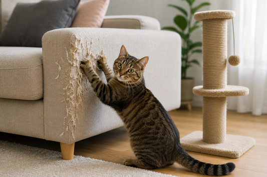 Chat domestique faisant ses griffes sur un canapé malgré la présence d'un griffoir à proximité.