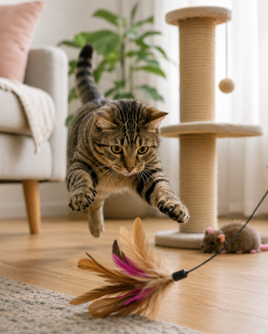 Chat domestique bondissant sur un jouet à plumes dans un salon lumineux, illustrant son instinct naturel de chasse malgré l'absence de faim.