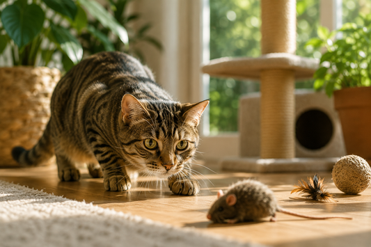 Chat domestique en position de chasse devant une souris en peluche, illustrant l'instinct de chasse naturel chez le chat.