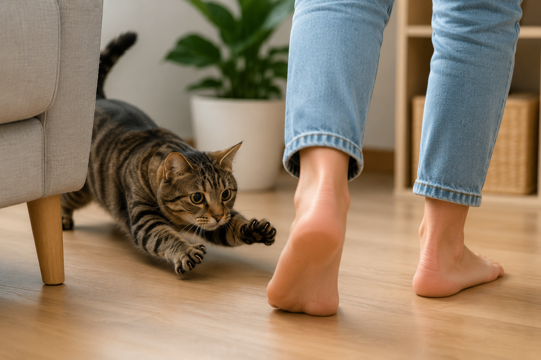 Chat domestique bondissant vers les pieds d'une personne dans un salon pour illustrer son instinct de chasse naturel.