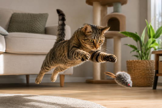 Chat domestique bondissant pour attraper une souris en peluche dans un salon, illustrant son instinct de chasse et son attirance pour les objets en mouvement.