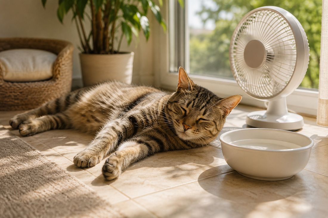 Chat allongé au frais près d’un ventilateur et d’un bol d’eau pendant une forte chaleur estivale.