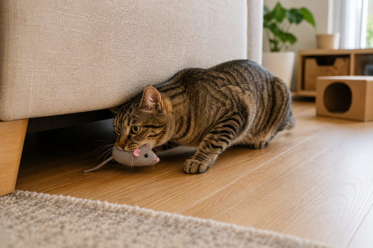 Chat transportant une souris en peluche dans sa gueule pour la cacher sous un canapé.