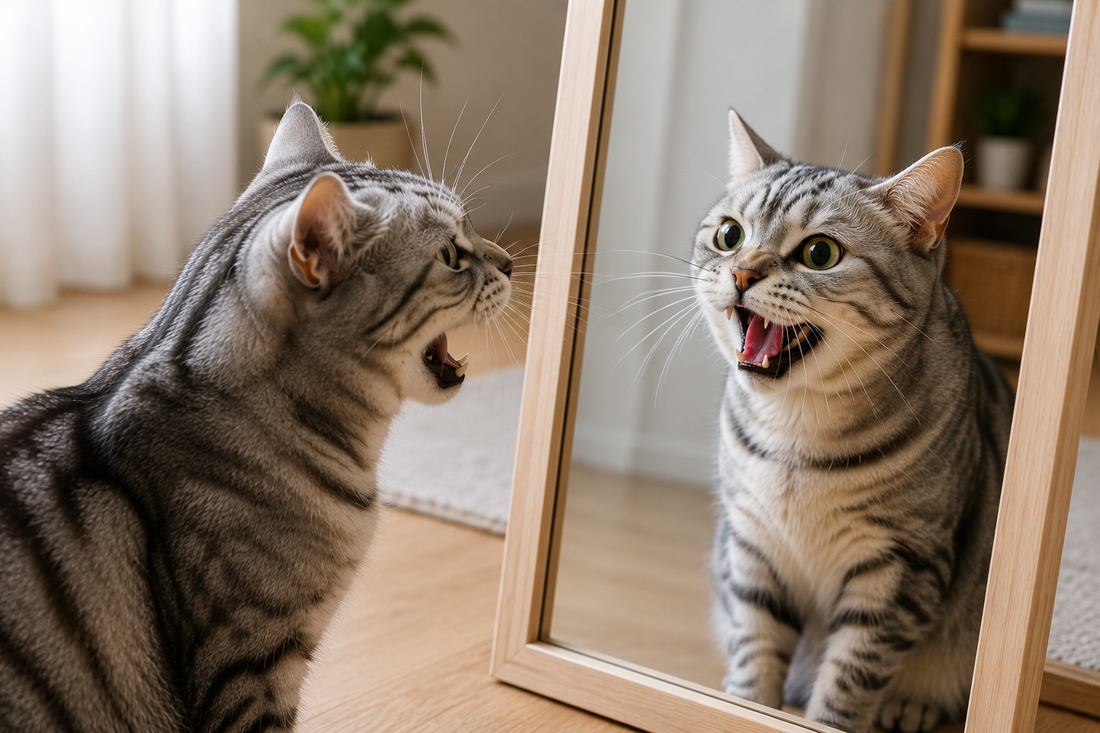 Chat miaulant devant son reflet dans un miroir, illustrant la curiosité naturelle et le comportement instinctif des chats.