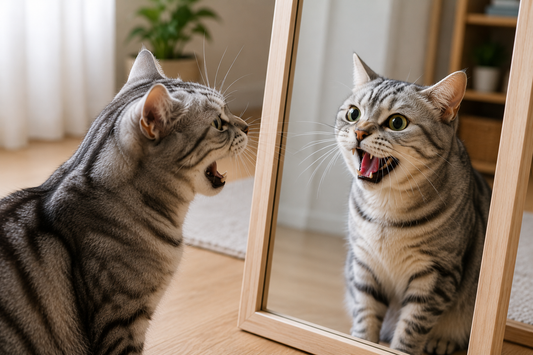 Chat miaulant devant son reflet dans un miroir, illustrant la curiosité naturelle et le comportement instinctif des chats.
