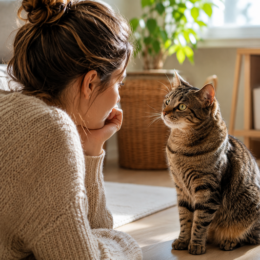 Chat fixant intensément son propriétaire sans bouger, illustrant un comportement naturel de curiosité et de communication.