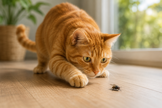 Chat d'intérieur en position de chasse observant une mouche sur le sol, illustrant son instinct naturel de chasse.