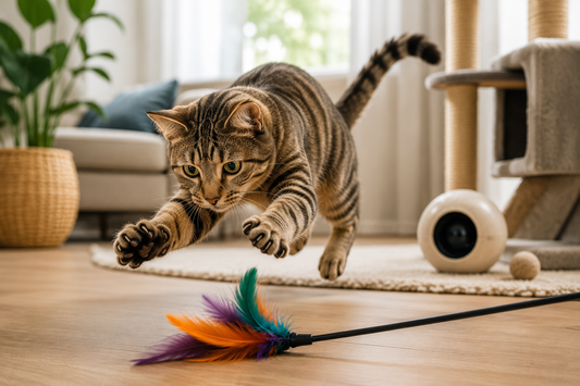 Chat d'intérieur bondissant sur un jouet à plumes dans un salon lumineux pour satisfaire son instinct naturel de chasse et stimuler son activité physique.