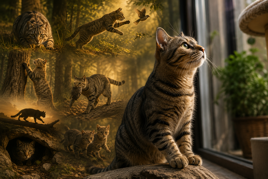 Chat d'intérieur observant son environnement, illustrant les comportements hérités de ses ancêtres sauvages comme la chasse, l'exploration, l'escalade et la protection du territoire.