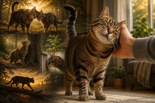 Chat d'intérieur frottant sa tête contre la main de son propriétaire, illustrant le marquage par les phéromones et un comportement hérité des ancêtres sauvages du chat.