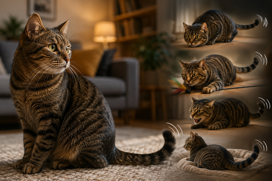 Chat d'intérieur observant attentivement son environnement, le bout de la queue en mouvement, avec en arrière-plan des scènes illustrant la concentration, la curiosité, le jeu et les comportements naturels hérités des ancêtres sauvages du chat.