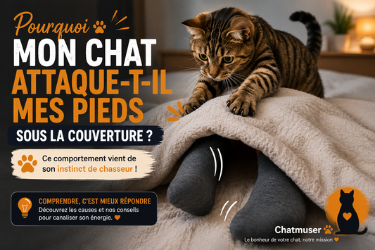 Chat attaquant des pieds qui bougent sous une couverture, illustrant son instinct de chasse et son comportement de prédation.