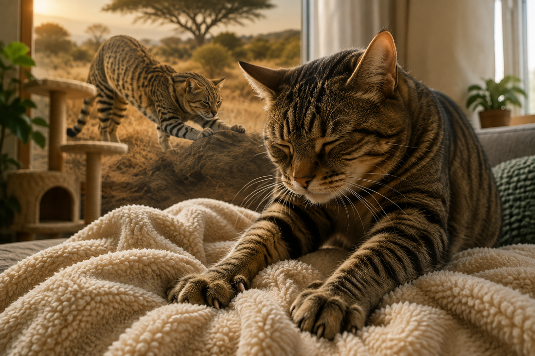 Chat tigré pétrissant une couverture moelleuse avec ses pattes, avec en arrière-plan une scène évoquant un comportement ancestral similaire chez un félin sauvage.