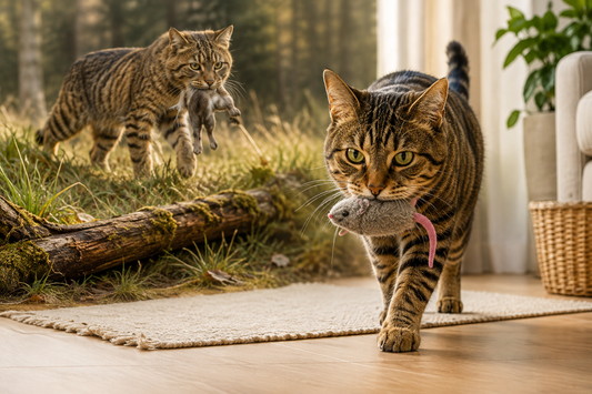 Chat tigré transportant un jouet-souris dans sa bouche, avec un félin sauvage portant une proie en arrière-plan, illustrant l’instinct de chasse et l’héritage ancestral du chat domestique.