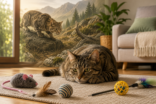 Chat tigré entouré de jouets qu’il ignore, avec un félin sauvage à l’affût en arrière-plan, illustrant le manque d’intérêt pour le jeu et l’héritage ancestral du chat domestique.