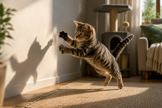 Chat tigré bondissant vers son ombre sur un mur dans un salon lumineux, illustrant pourquoi les chats attaquent les ombres et les reflets.