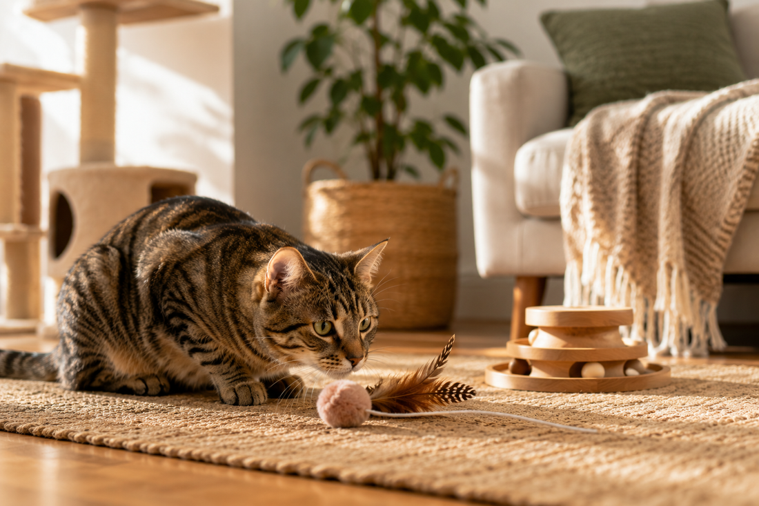 Chat tigré observant attentivement un jouet interactif à plumes dans un salon lumineux, avec d’autres jouets pour chats en arrière-plan, illustrant comment choisir un jouet adapté à ses besoins.