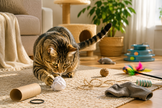 Chat tigré jouant avec une boule de papier dans un salon, entouré d’objets du quotidien et de jouets pour chats.