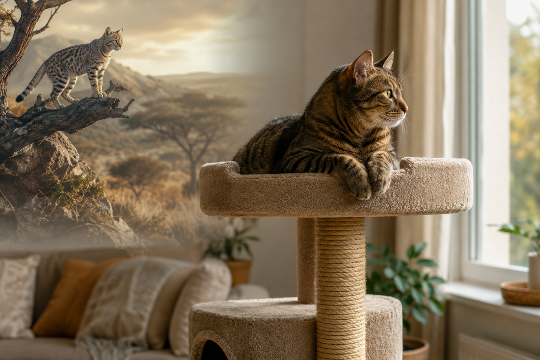 Chat tigré installé en hauteur sur un arbre à chat, avec son ancêtre sauvage évoqué en arrière-plan.