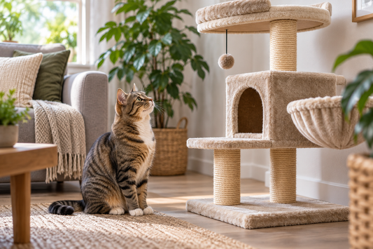 Chat tigré assis devant un arbre à chat qu’il observe sans l’utiliser, dans un intérieur lumineux et chaleureux.
