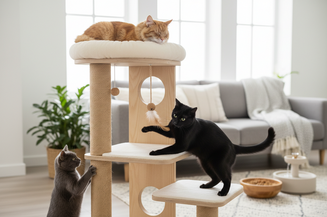chats jouant et grimpant sur un arbre à chat dans un salon