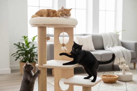 chats jouant et grimpant sur un arbre à chat dans un salon
