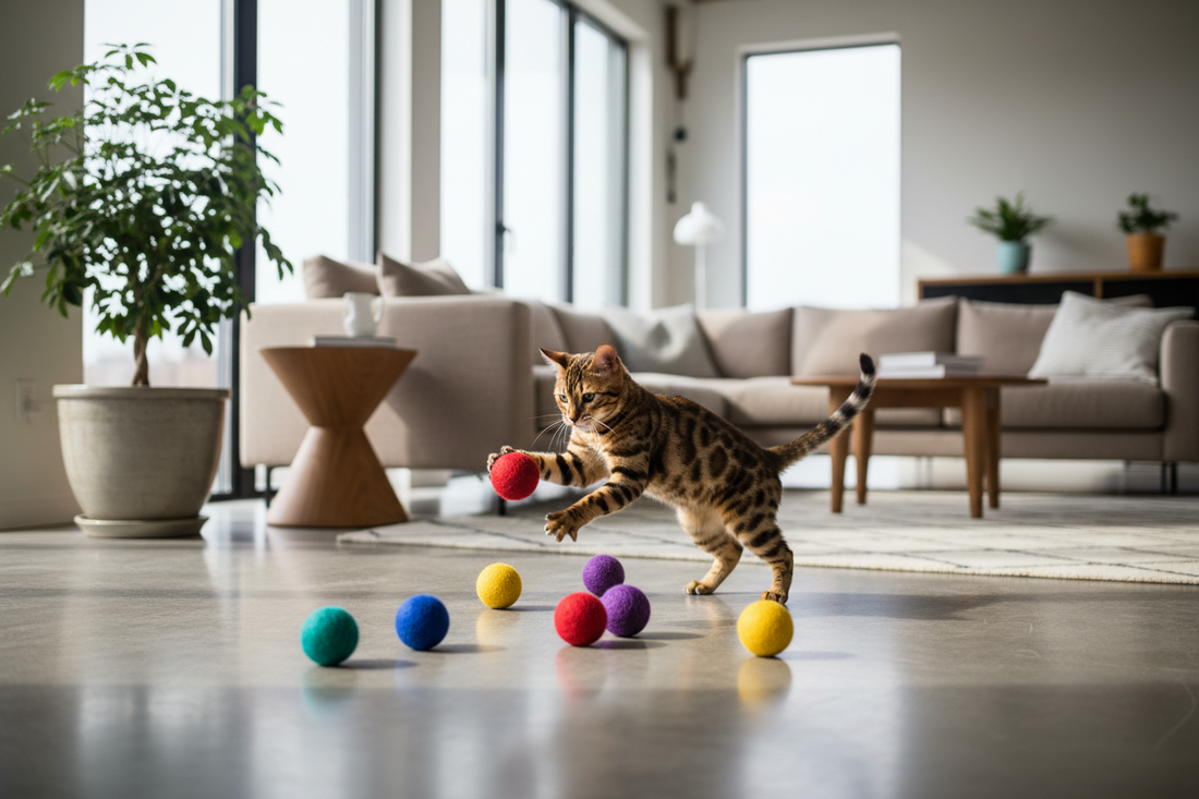 chat jouant avec des balles pour chat colorées dans un salon