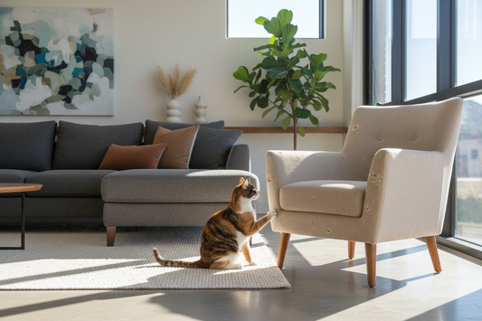 chat qui griffe un fauteuil dans un salon lumineux