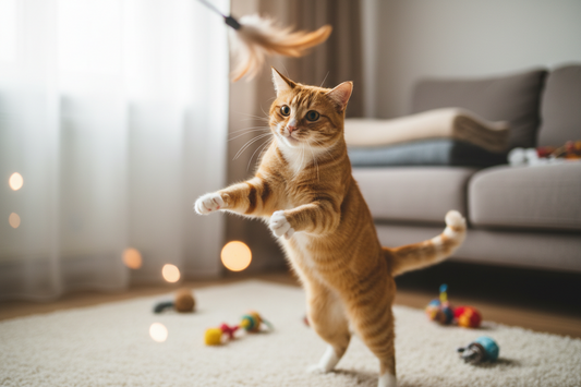 chat d’intérieur jouant avec un plumeau pour stimulation et activité quotidienne