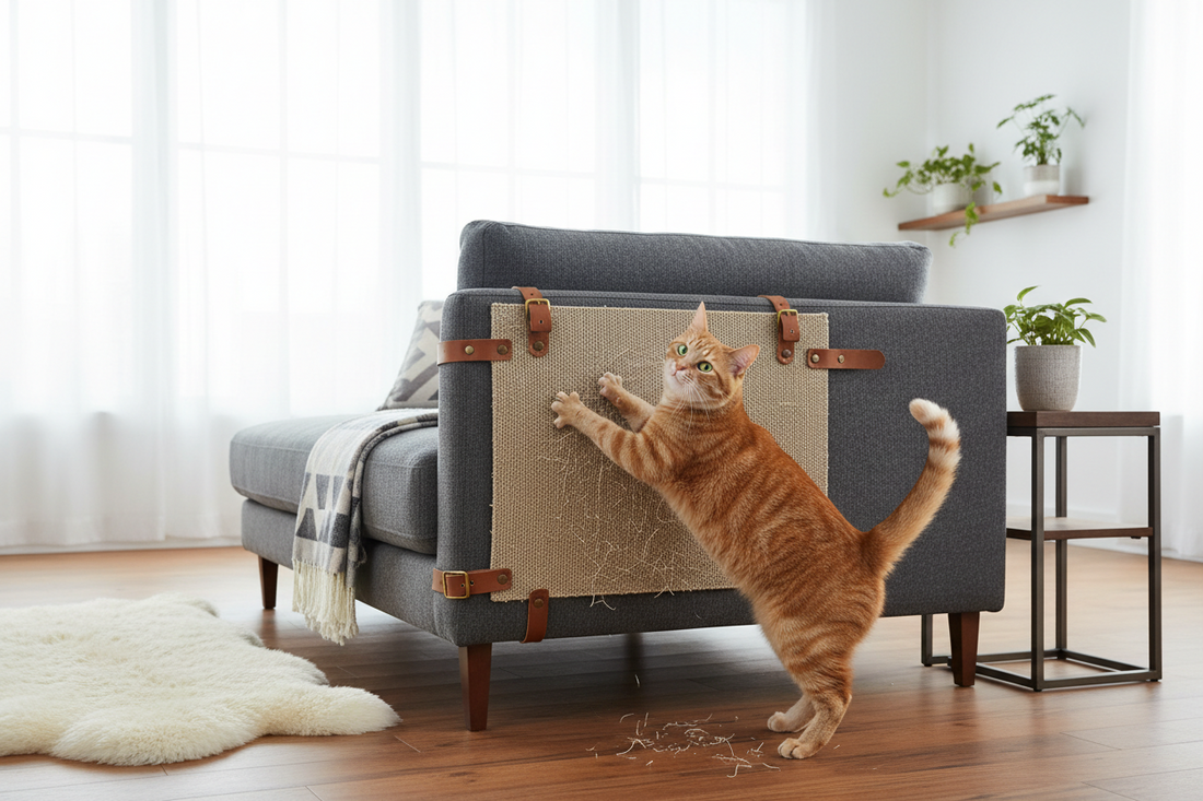 chat utilisant un griffoir pour faire ses griffes près d’un canapé dans un salon