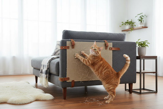 chat utilisant un griffoir pour faire ses griffes près d’un canapé dans un salon