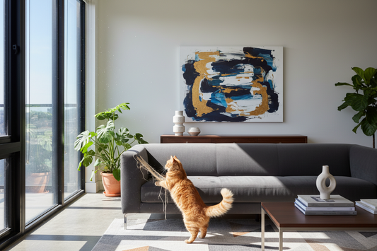 chat qui griffe un canapé dans un salon moderne