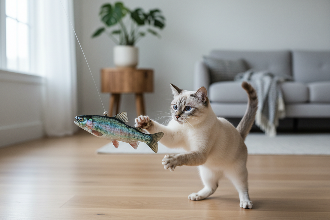 chat jouant avec poisson interactif jouet chat interieur stimulation