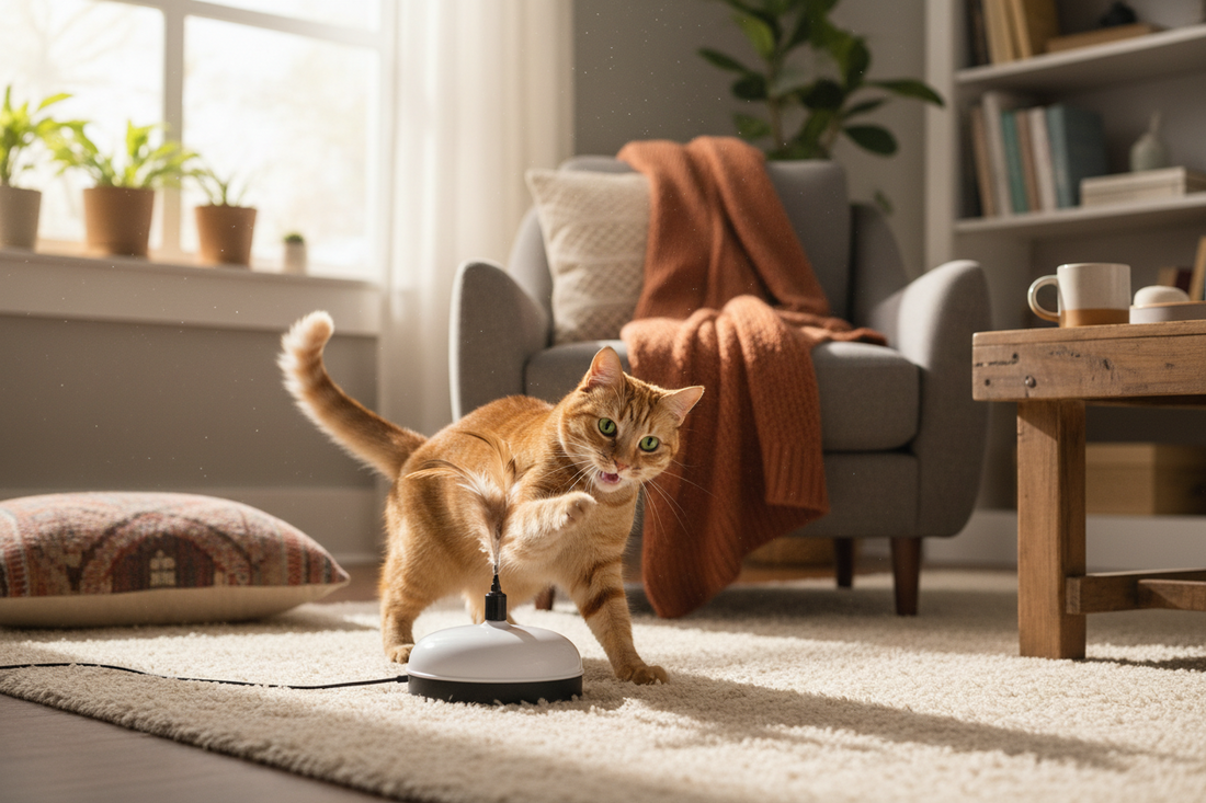 chat d'intérieur jouant avec un jouet interactif dans un appartement