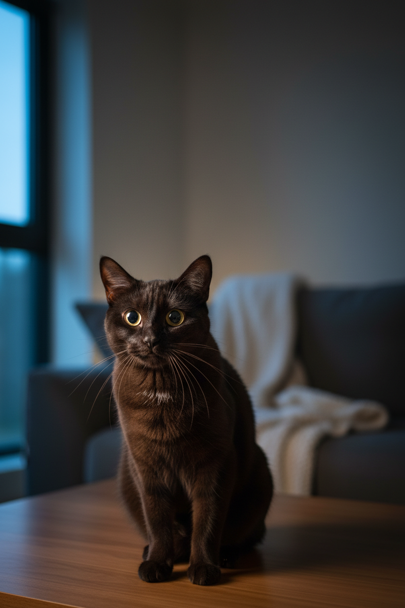 chat actif la nuit dans un salon d’intérieur